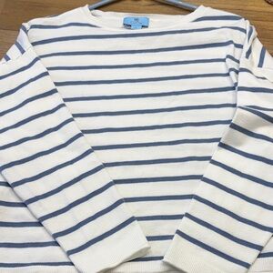 CeCe White and Blue Striped Crewneck Sweater